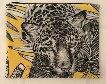 Tropical Cheetah & Tiger Print Canvas Zipper Pouch: Upcycled Woven Fabric Clutch