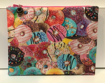 Doughnut Print Zipper Pouch, Make-Up Bag, Cosmetic Case, Pencil Case, Wallet, Doughnuts, Donuts, Polymer Charm, Doughnut Print, Holiday Gift