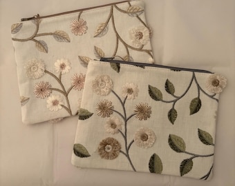 Embroidered Flower Zipper Pouch: Upcycled Fabric Cosmetic Bag