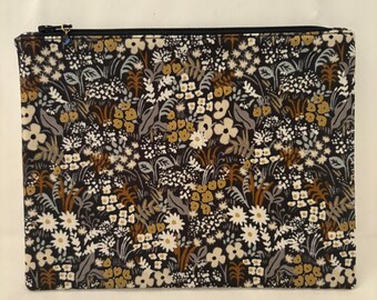 Metallic Gold Floral Zipper Pouch: Cotton Cosmetic Bag, Passport Cover