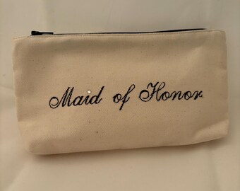 Maid of Honor Embroidered Canvas Pouch: Organic Cotton Bridal Gift