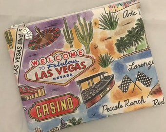 Las Vegas Print Zipper Pouch w/Charm, Make Up Bag, Mask Holder, Playing Cards, Casino, Poker, Fremont Street, Vegas, Nevada, Holiday Gift