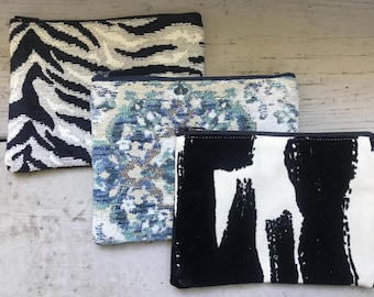 Upcycled Fabric Zipper Pouch: Mini Cosmetic Bag, Clutch Purse