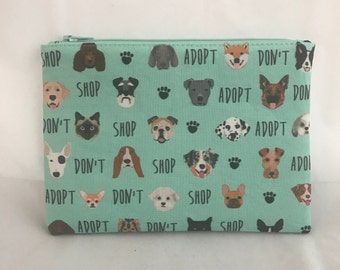 Adopt Don't Shop Dog Print Zipper Pouch, Make Up Bag, Cosmetic Case, Pencil Case, Wallet, Dog Lover, Dog Mom, Puppy, Rescue Dog, Dog Breeds