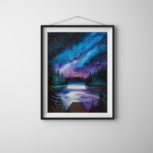 Digitale Wand Kunst des Galaxie Nachthimmels mit Blick auf den Wald See und Sternenhimmel in Aquarell Landschaftsmalerei Design