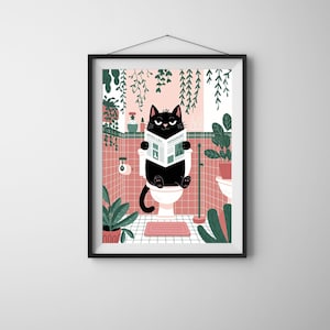 Funny Cat Bathroom Wall Art, Black Cat Digital Print, Toilet Humor Decor, Plant Lover Printable Poster, Cute Animal Art, Instant Download