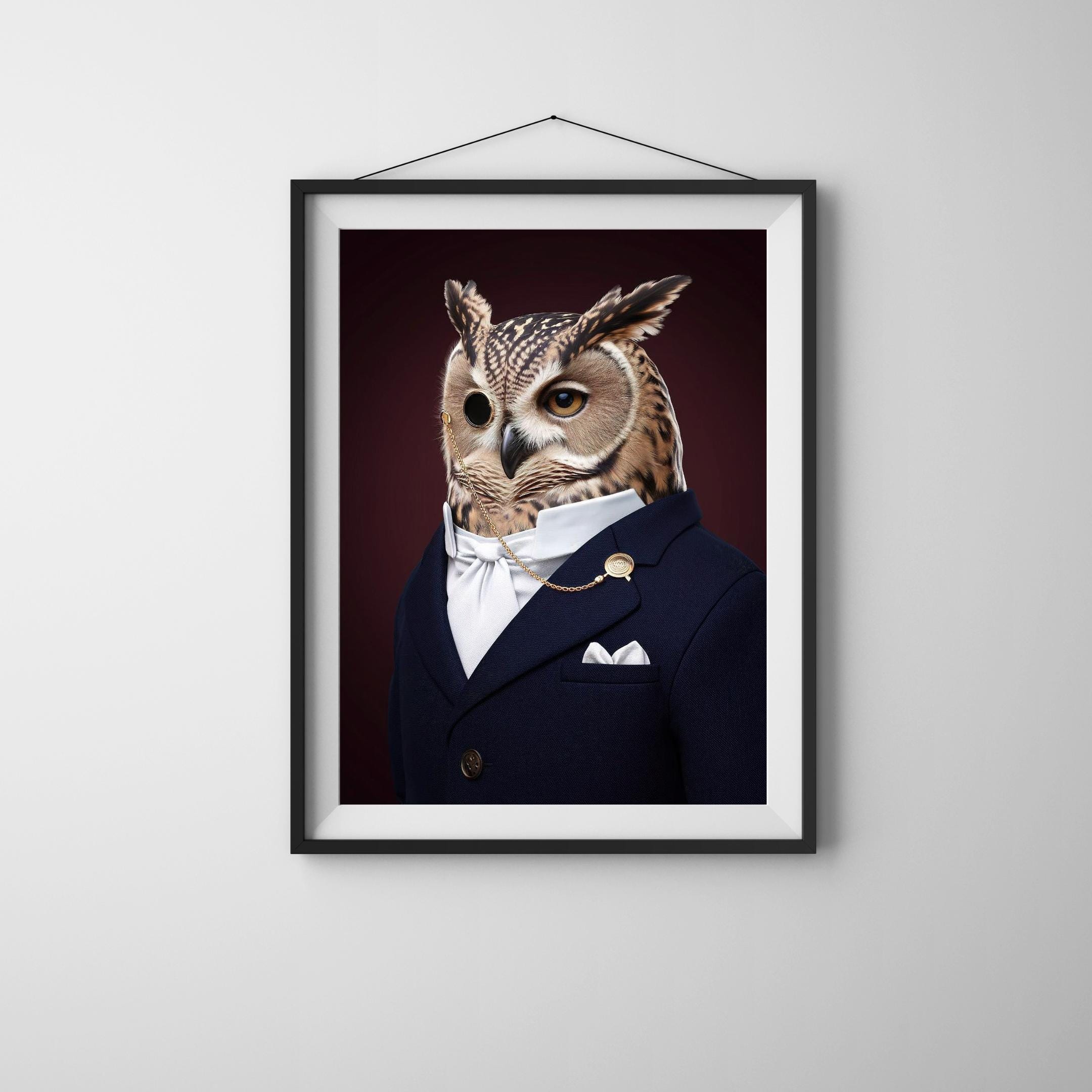 Owl Wall Art, Dressed Animal Portrait, Wise Owl In Suit Artwork, Owl Digital Download, Anthropomorph