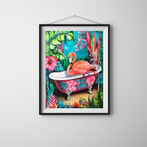 Flamingo Wall Art, Tropical Bathroom Decor, Colorful Animal Digital Print, Jungle Botanical Art, Bold Printable Wall Art, Instant Download