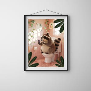 Funny Raccoon on Toilet Digital Wall Art Print, Quirky Animal Bathroom Decor, Cute Raccoon Using Phone Printable Artwork