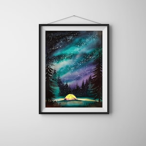 Sternenklare Nacht Camping Digitale Wand Kunst Druck - Wald Zelt Galaxie Himmel Aquarell für Abenteuer Natur Liebhaber Raum Dekor