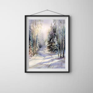 Impresión digital de arte mural con acuarela de bosque invernal para decoración de cabañas rústicas y estética de hogar vacacional inspirada en la naturaleza.