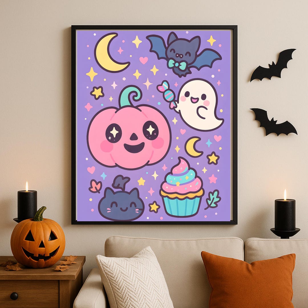 Cute Halloween Wall Art, Kawaii Pumpkin Digital Print, Pastel Ghost and ...