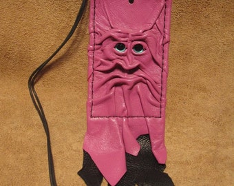 Grichels leather ID card holder - lavender pink with teal big pupil eyes, black fringe