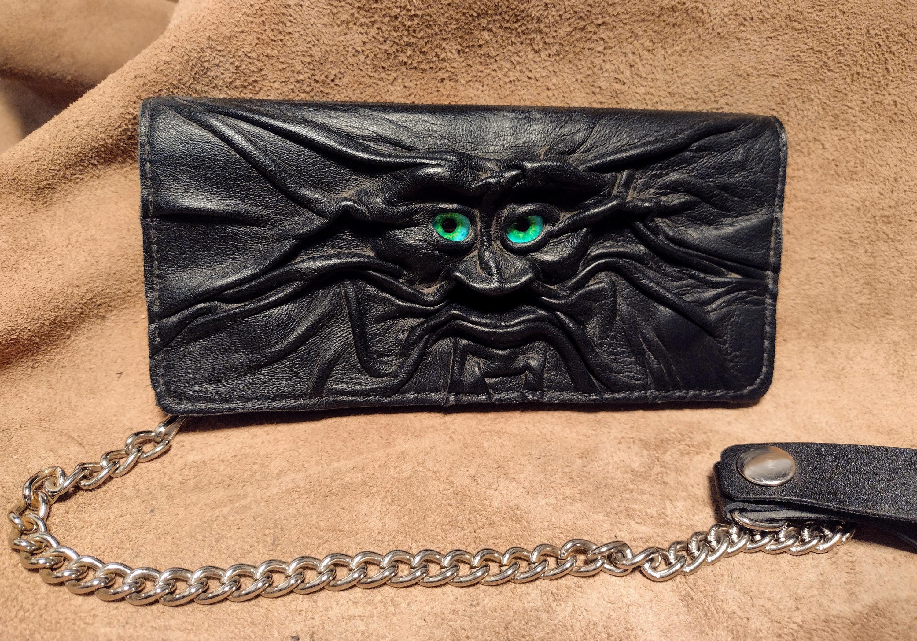 Grichels Leather Billfold Biker Chain Wallet - Black With Aqua