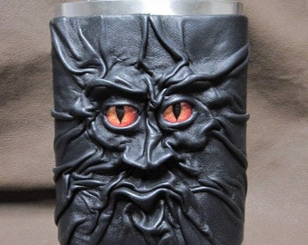 Grichels leather and stainless steel 12oz flask - black with red orange slit pupil firestorm eyes