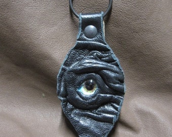 Grichels leather leaf keychain - black with blue and brown nova eye