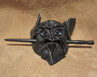 Grichels leather hair thing stick barrette - black with blue and pink big pupil nova eyes