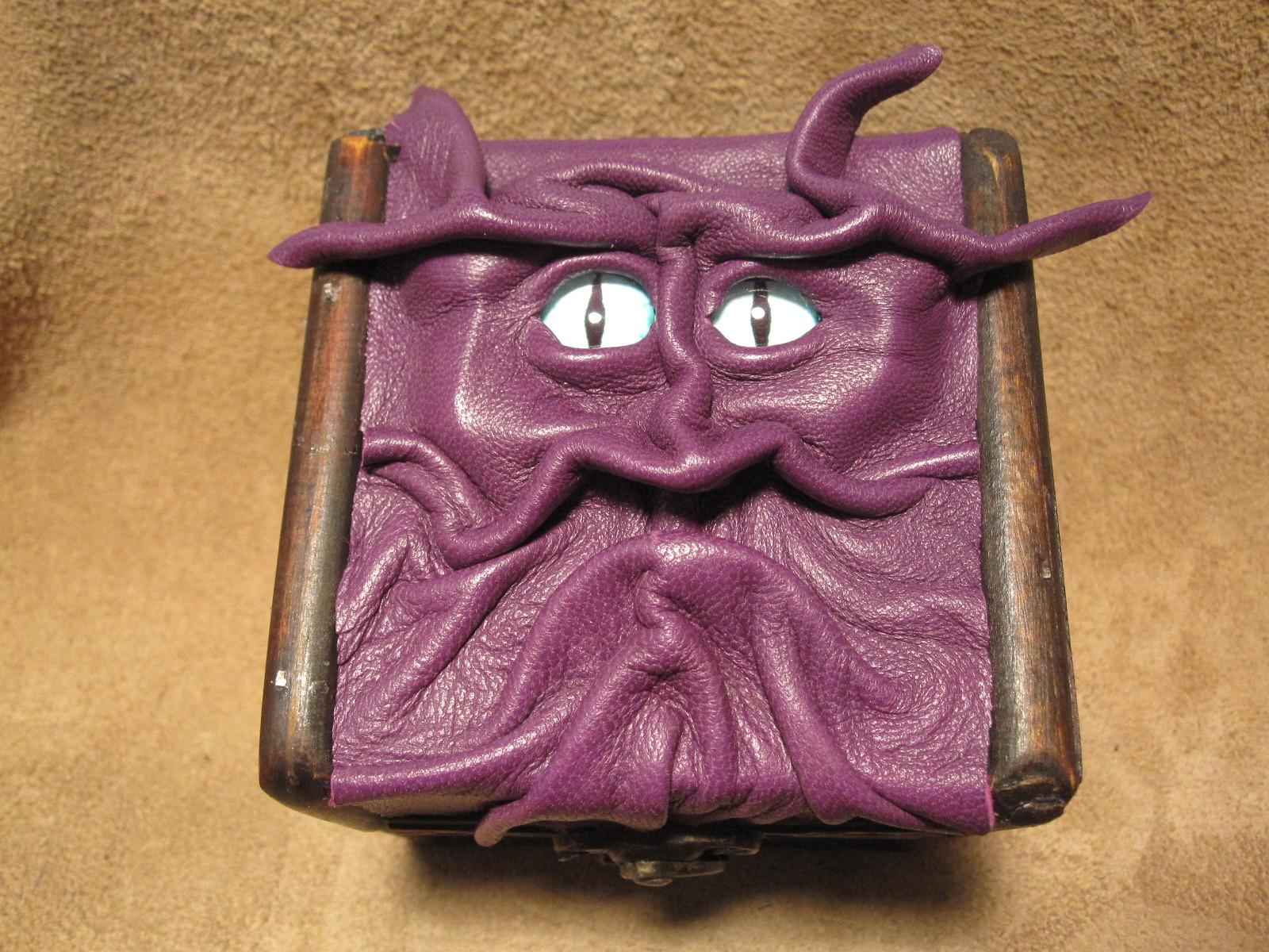 Grichels leather and wooden trinket box - purple with blue edged white slit pupil eyes