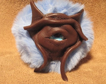 Grichels fake fur puffball keychain - chocolate brown with aqua blue nova eye