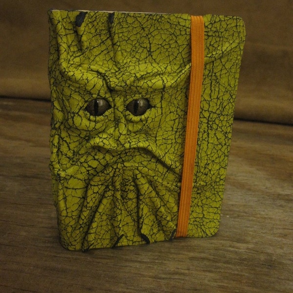 Grichels leather deluxe mini notebook - yellow and black crackle with bronze speckled slit pupil reptile eyes