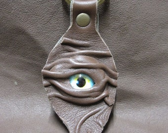 Grichels leather leaf keychain - chocolate brown with blue and yellow nova eye
