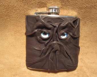 Grichels leather and stainless steel 6oz flask - dark brown with blue nova eyes
