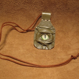 Grichels leather amulet pendant necklace - metallic sage green with green edged white narrow pupil eye