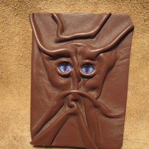 Grichels leather small sketchbook/notebook - chocolate brown with purple and blue slit pupil nova eyes