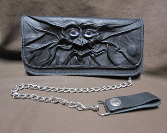 Grichels leather billfold biker chain wallet - black with fuchsia nova l eyes