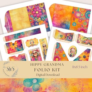 May include: A digital download folio kit with a colourful, floral, and retro design. The kit includes various paper elements, such as envelopes, tags, and decorative pieces, featuring illustrations of a smiling elderly woman with sunglasses and the text "Peace Love". The kit measures 27.9 x 21.6 cm.