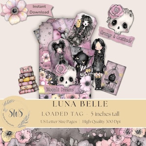 Gothic Girl Loaded Tag, Luna Belle, Junk Journal Tag, Whimsical Girl, Pocket Tag, Ephemera, Digital Download, Folder Pocket