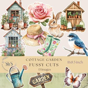 Cottage Garden Fussy Cuts, Floral Junk Journal Fussy Cuts, Digital Download, Junk Journal Supplies, 11x8.5, Printable, Bird, Potting Shed