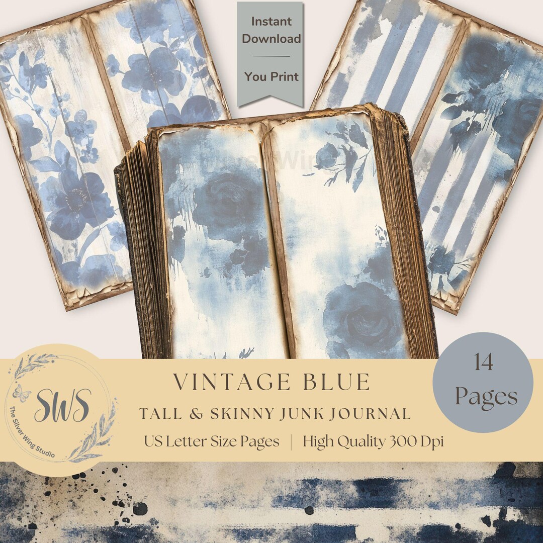 Vintage Blue Floral Tall & Skinny Junk Journal Pages: Shabby Rose ...