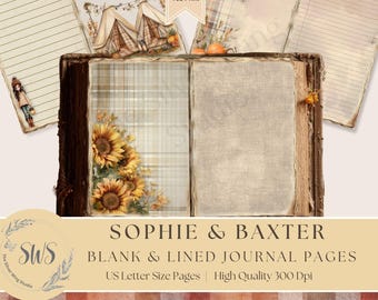 May include: A digital journal with blank and lined pages. The journal features a rustic design with sunflowers, plaid patterns, and fall-themed illustrations. The text "Falling for Fall" is visible, along with the words "Sophie & Baxter".
