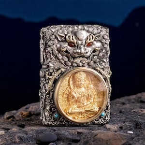 Ancient Guardian God Zippo Lighter | Buddha Handcrafted Relief Design | Windproof Metal Collectible for Him | Spiritual Gift for Men