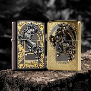 Horse Zippo Black and Gold Ice Unicorn Lighter I Gold Engraved Windproof Refillable I Collector’s Limited Edition I Useful Gift for Men