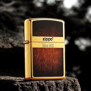 Authentic Zippo Windproof Lighter | 1932 Vintage Design | Gold & Wood Grain Enamel | Refillable Kerosene Classic Gift for Collectors