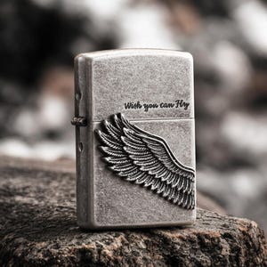 ZIPPO Classic Lighter | Vintage Silver Angel Wing Design | &quot;Wish You Can Fly&quot; Engraving | Windproof & Refillable Gift for Smokers