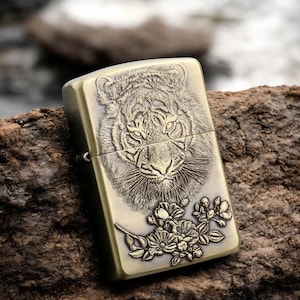 Tiger Sniffing Rose Lighter | Custom Zippo Lighter | Windproof Refillable Lighter | Unique Gift for Smokers | Gift for Dad Lighter