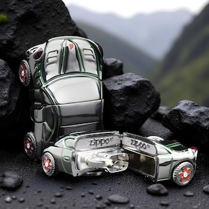 Zippo Car Lighter | Black Ice Finish Windproof Lighter | Rotating Wheels and Flying Car | Gift for Car Lovers | Glow-in-the-Dark Lighter