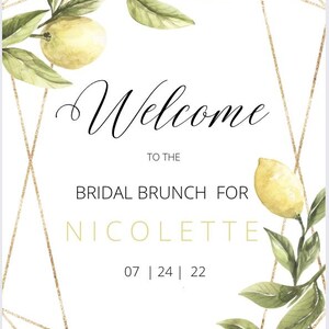 Lot de modèles de douche nuptiale citron, cartes de recettes, panneau de bienvenue, bar à mimosa