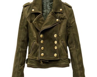 Olive Green Suede Leather Biker Jacket: Double Breasted Moto Coat