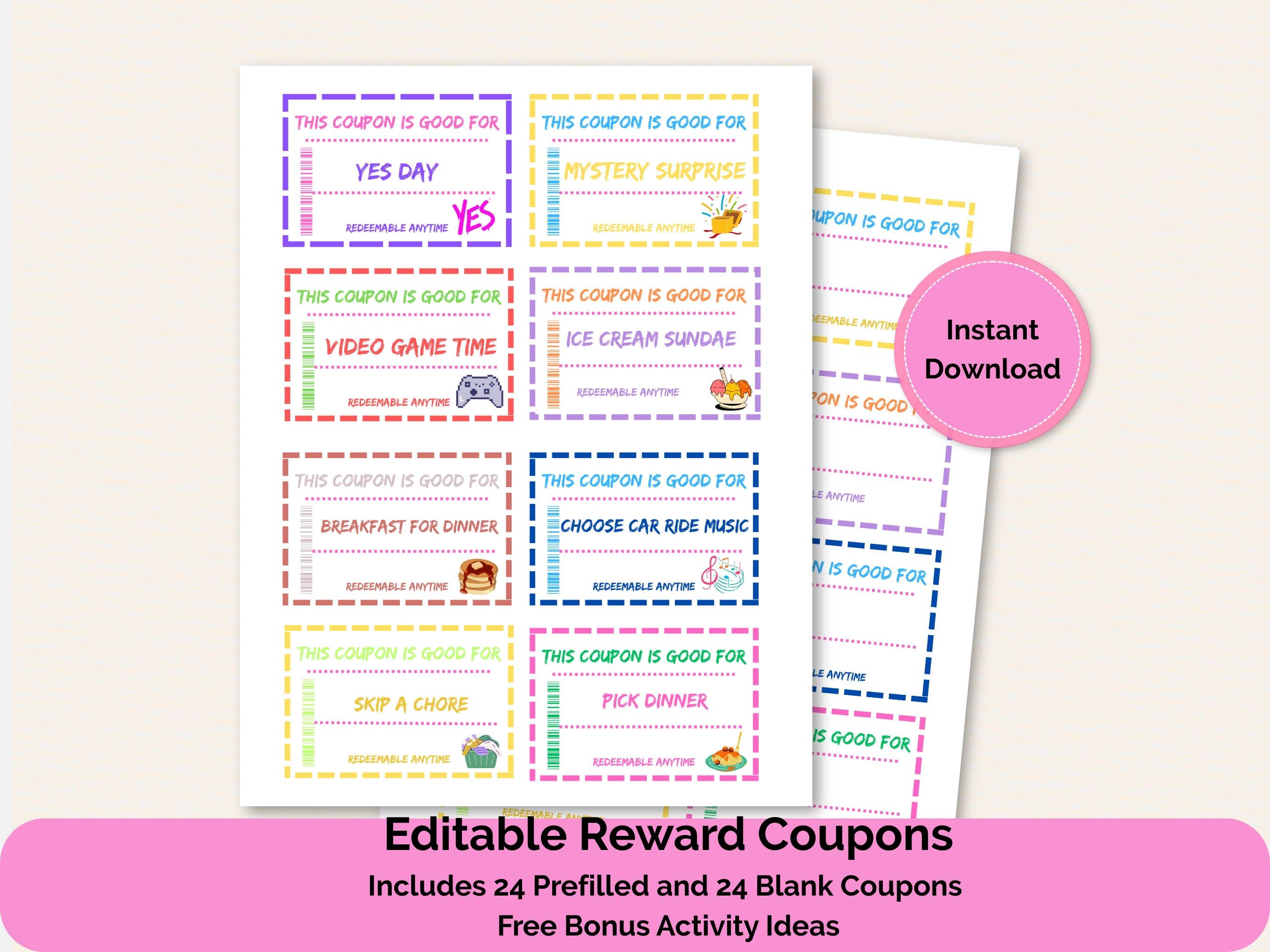 Colorful Kids Reward Coupons Pack - Behavior Incentive Cards | Editable Coupon Book for Children | Positive Reinforcement | Instant Download