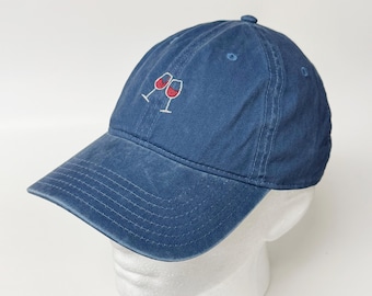 Wine Glasses Design Embroidered Washed Cotton Hat Cheers Couple