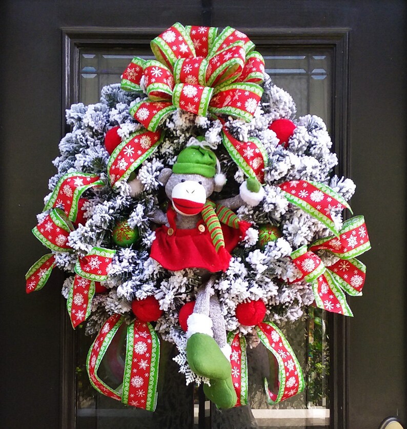 Flocked Wreath Prelit Wreath Lighted Christmas Wreath Sock Monkey Wreath Sock Monkey Christmas Wreath