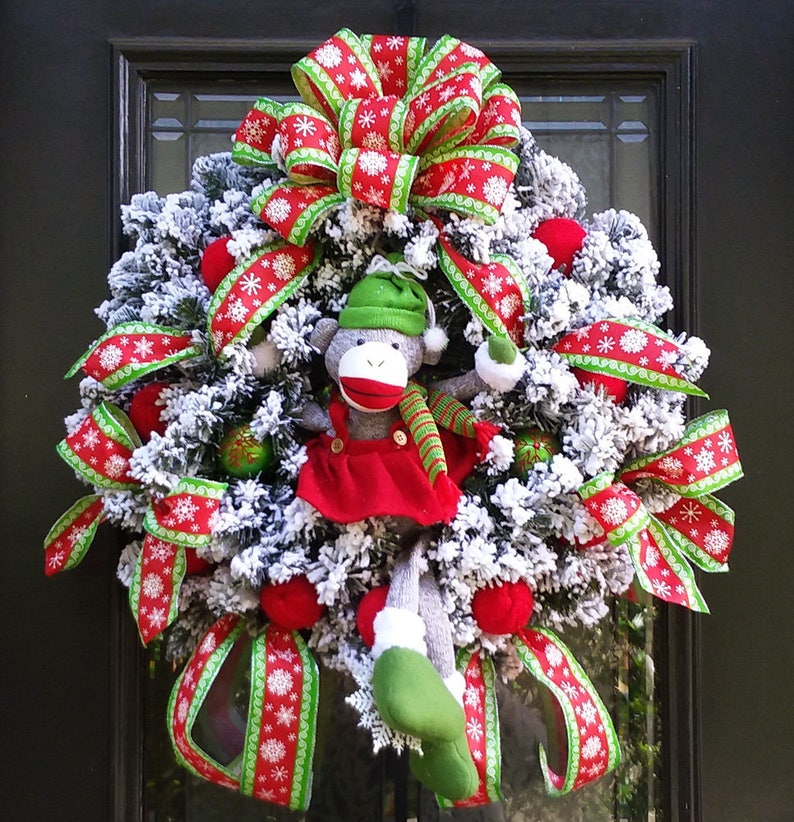 Flocked Wreath Prelit Wreath Lighted Christmas Wreath Sock Monkey Wreath Sock Monkey Christmas Wreath