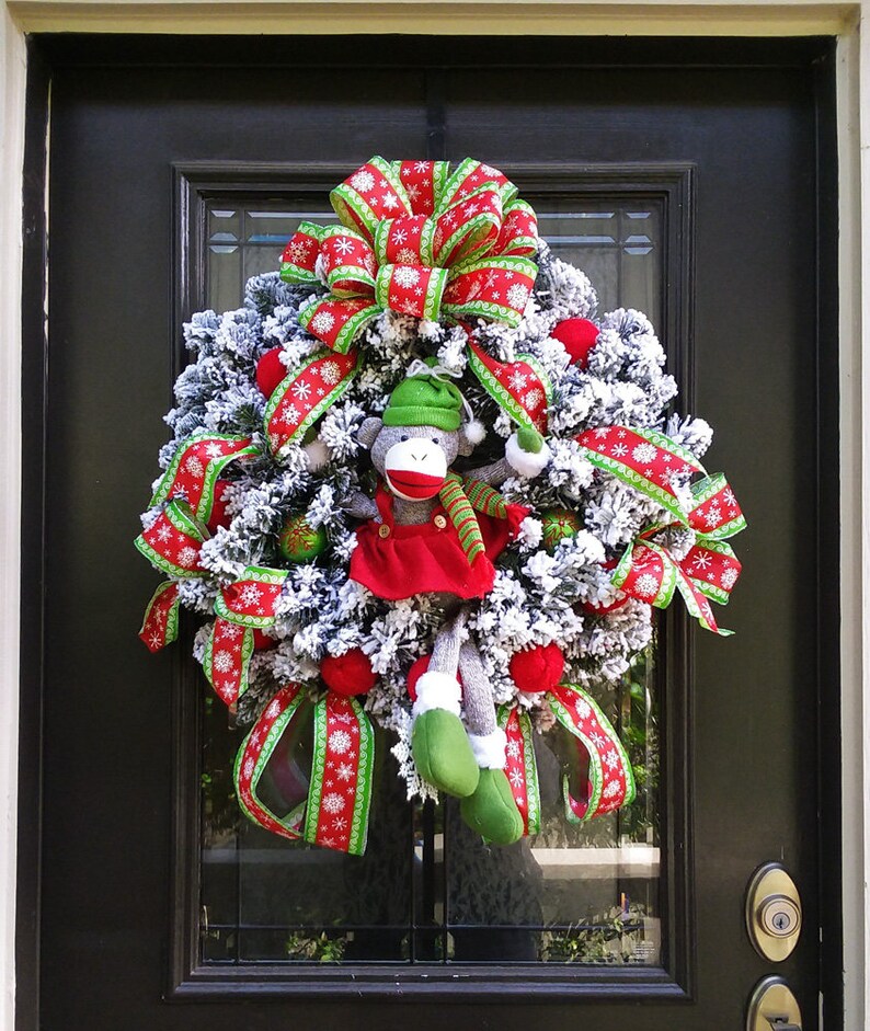 Flocked Wreath Prelit Wreath Lighted Christmas Wreath Sock Monkey Wreath Sock Monkey Christmas Wreath