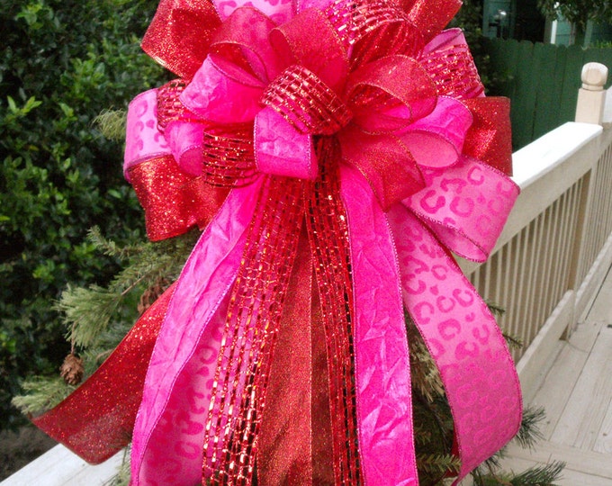 Christmas Tree Bow, Wreath Bow, Red and Hot Pink Tree Bow, Bow Topper, Bow Tree Topper, Garland