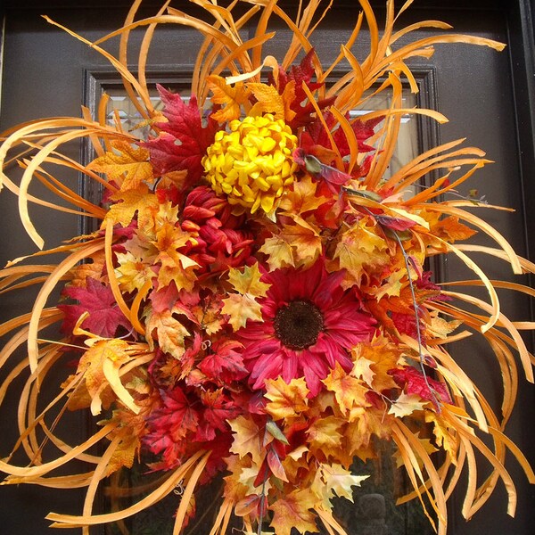 Sunflower Wreath - Fall Wreath - Fall Decor - Front Door Wreath Fall - Falling Leaves - Thanksgiving Wreath