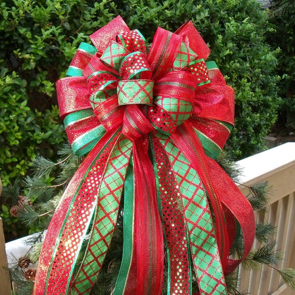 Red and Green Christmas Tree Bow Topper, Christmas Tree Bow, Traditional Colors, Christmas Bows For Wreaths